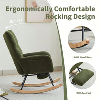 Upholstered High Back Rocking Chair Glider Accent Armchair With Solid Wood Legs For Nursery Bedroom Living Room In Green