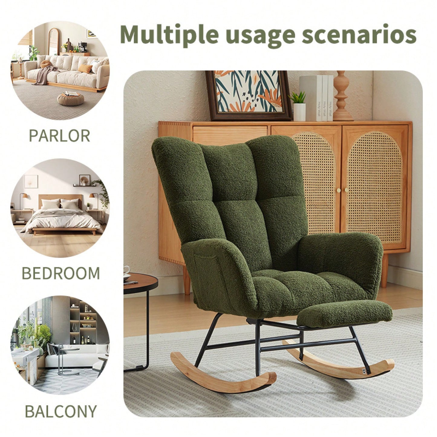 Upholstered High Back Rocking Chair Glider Accent Armchair With Solid Wood Legs For Nursery Bedroom Living Room In Green