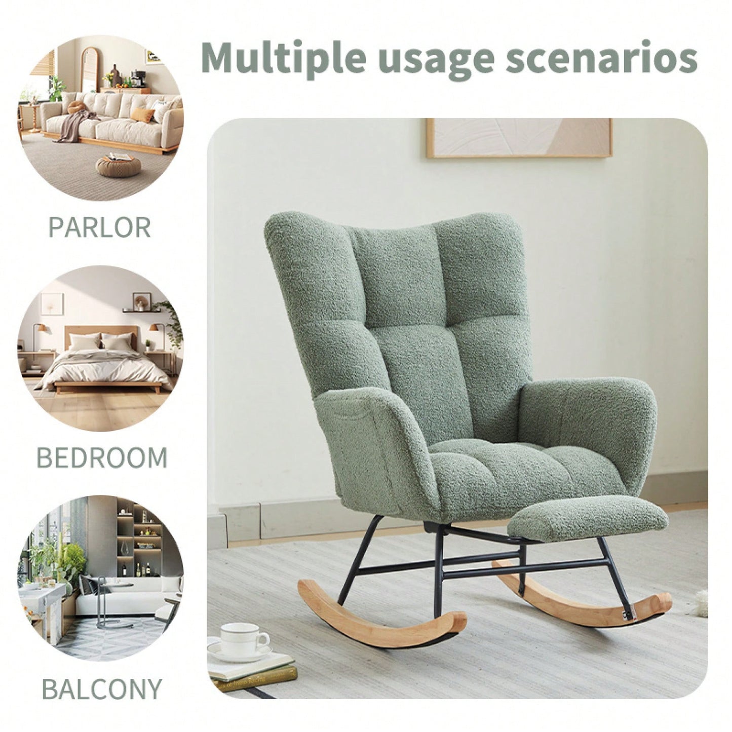 Upholstered High Back Rocking Chair Glider Accent Armchair With Solid Wood Legs For Nursery Bedroom Living Room In Green