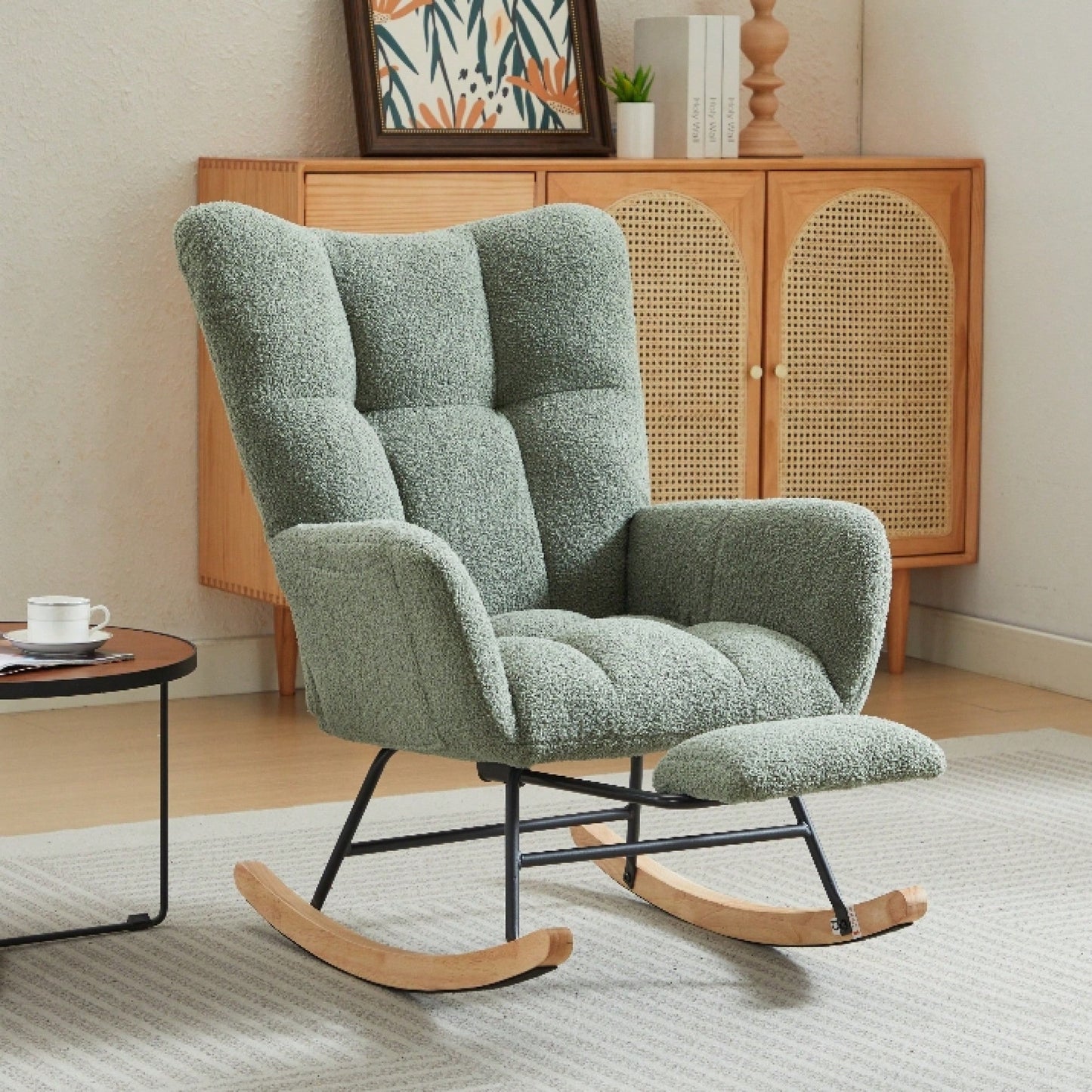 Upholstered High Back Rocking Chair Glider Accent Armchair With Solid Wood Legs For Nursery Bedroom Living Room In Green