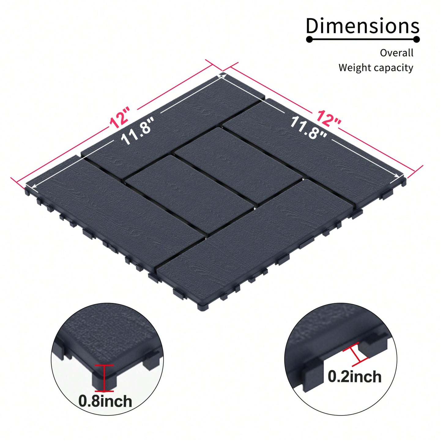 Interlocking 12 Inch Patio Deck Tiles For Easy DIY Installation - Dark Gray Court Tiles For Porch Poolside Balcony And Backyard - 44 Pack