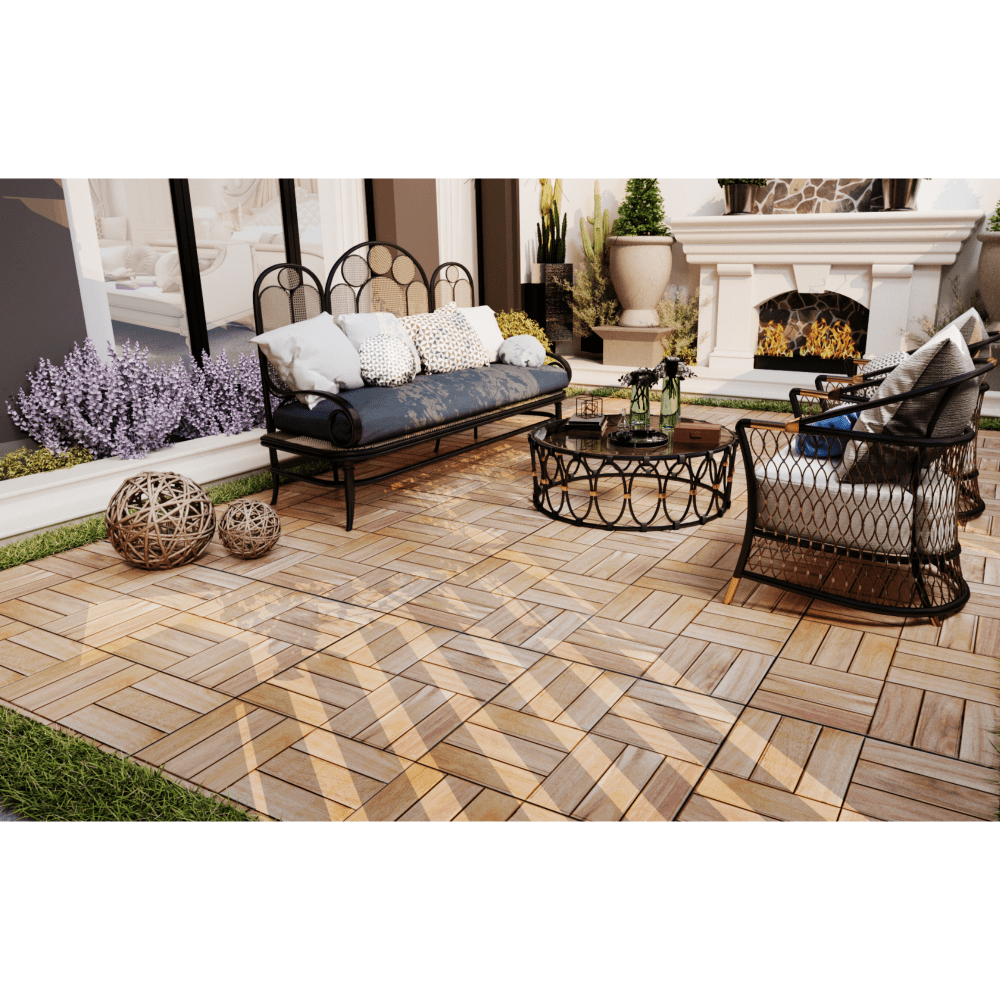 Interlocking 20 Piece 12x12 Inch Yellow Acacia Hardwood Deck Tiles For Outdoor Patio Balcony Poolside Flooring