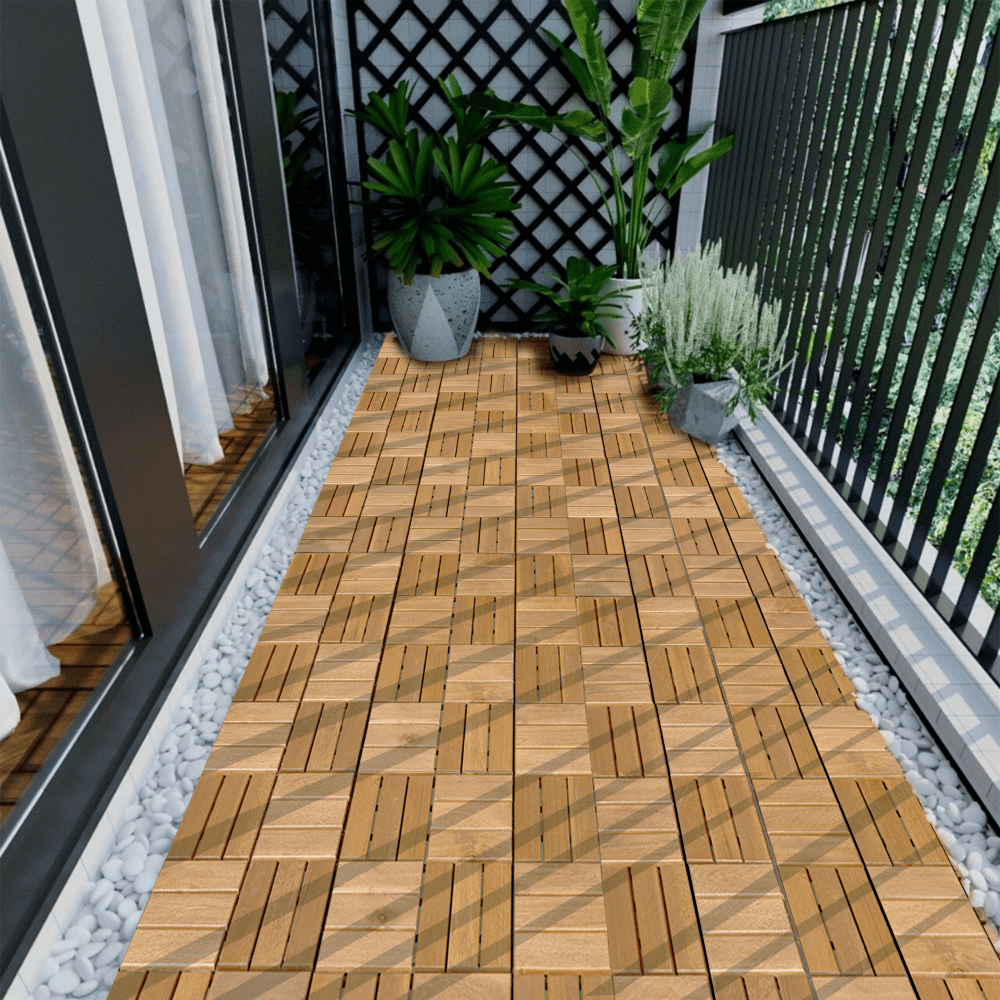 Interlocking 20 Piece 12x12 Inch Yellow Acacia Hardwood Deck Tiles For Outdoor Patio Balcony Poolside Flooring