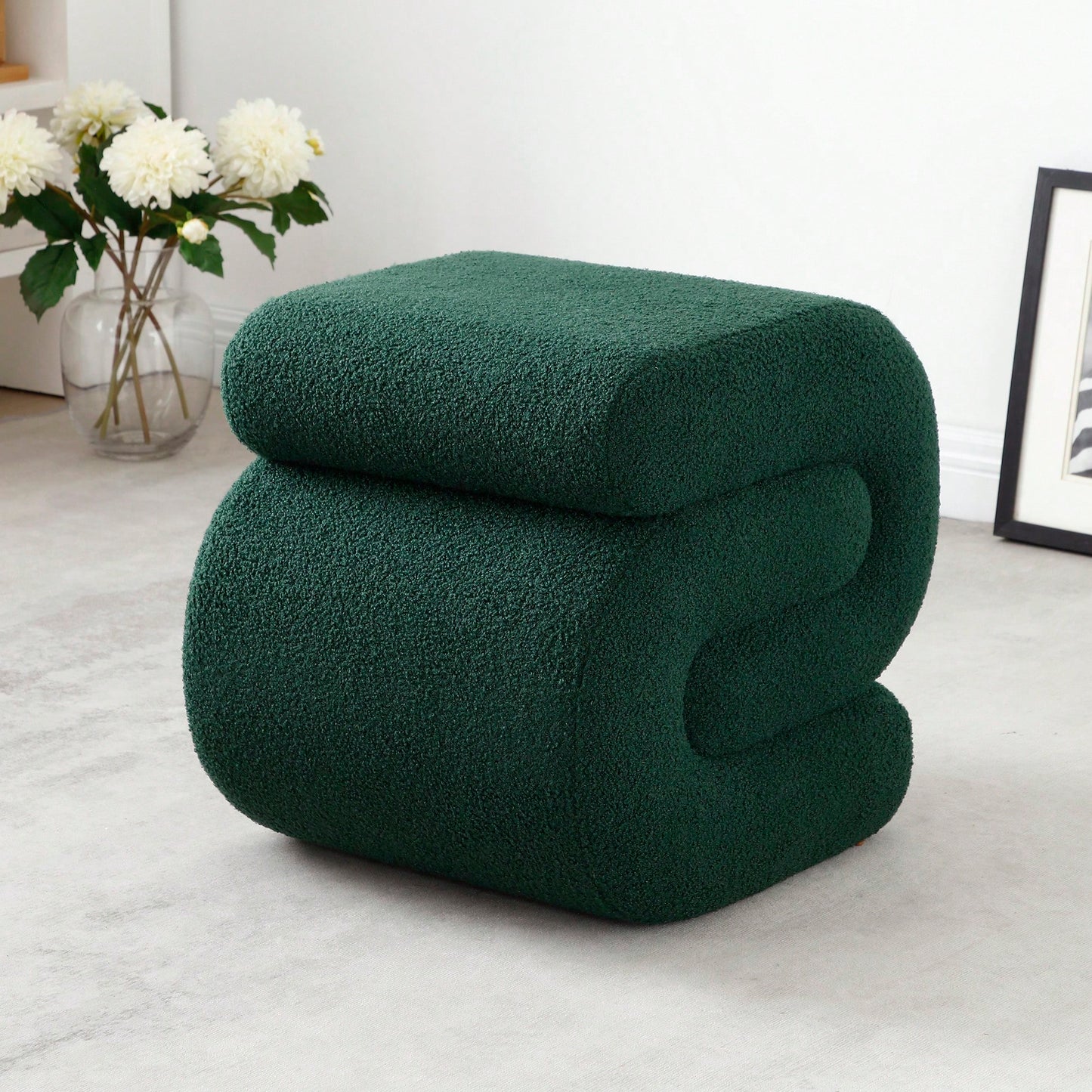 Comfortable Teddy Fabric Ottoman For Living Room And Bedroom, Stylish S-Shape Makeup Stool And Under Desk Footrest In Green