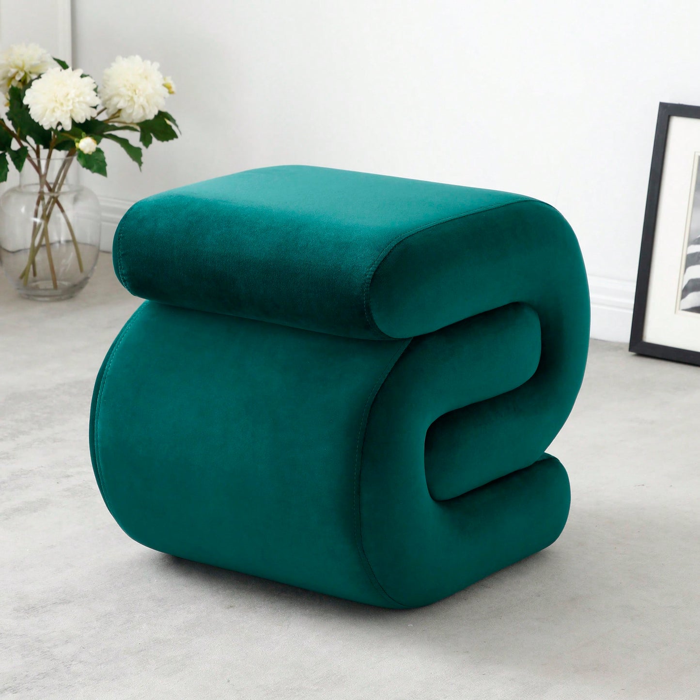 Comfortable Teddy Fabric Ottoman For Living Room And Bedroom, Stylish S-Shape Makeup Stool And Under Desk Footrest In Green