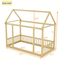 Wooden Twin Size Floor Bed With House Roof Frame And Safety Guardrails In Natural Finish