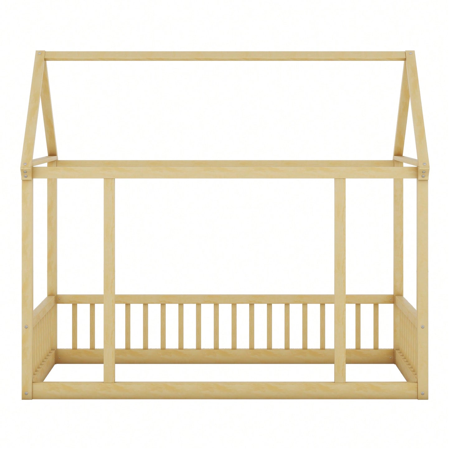 Wooden Twin Size Floor Bed With House Roof Frame And Safety Guardrails In Natural Finish