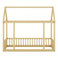 Wooden Twin Size Floor Bed With House Roof Frame And Safety Guardrails In Natural Finish