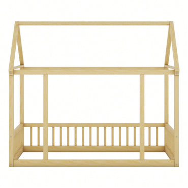 Wooden Twin Size Floor Bed With House Roof Frame And Safety Guardrails In Natural Finish