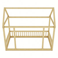 Wooden Twin Size Floor Bed With House Roof Frame And Safety Guardrails In Natural Finish