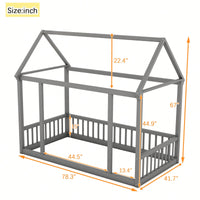 Wooden Twin Size Floor Bed With House Roof Frame And Safety Guardrails In Natural Finish