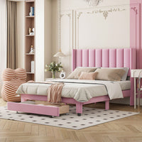 Velvet Upholstered Full Size Storage Bed With Spacious Drawer In Pink