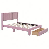 Velvet Upholstered Full Size Storage Bed With Spacious Drawer In Pink