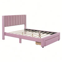 Velvet Upholstered Full Size Storage Bed With Spacious Drawer In Pink