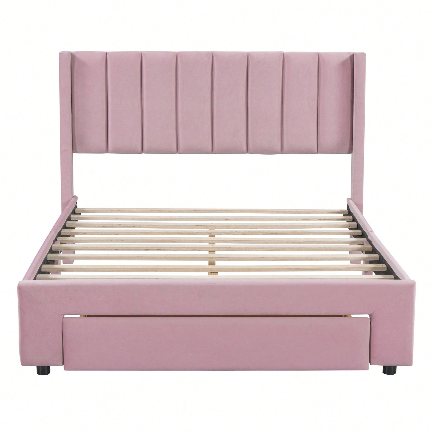 Velvet Upholstered Full Size Storage Bed With Spacious Drawer In Pink