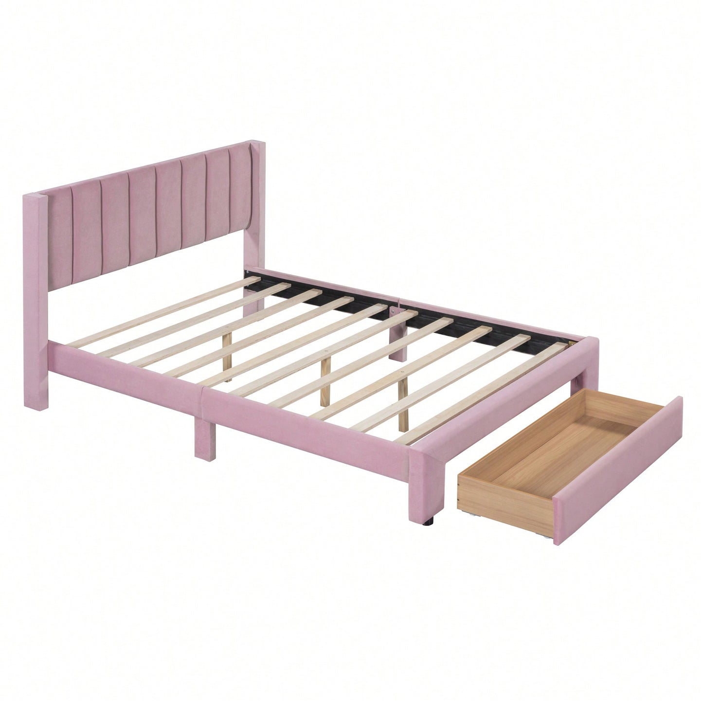 Velvet Upholstered Full Size Storage Bed With Spacious Drawer In Pink