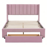 Velvet Upholstered Full Size Storage Bed With Spacious Drawer In Pink