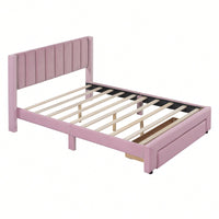 Velvet Upholstered Full Size Storage Bed With Spacious Drawer In Pink