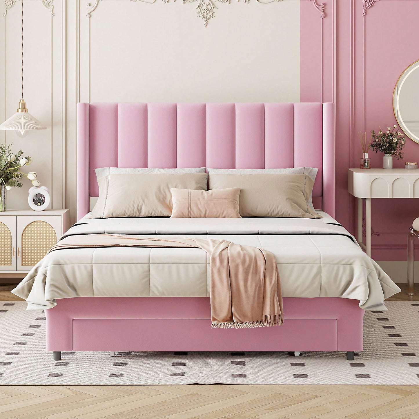 Velvet Upholstered Full Size Storage Bed With Spacious Drawer In Pink