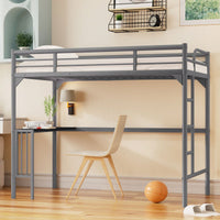 Loft Bed With Desk And Ladder, Silver Finish, Space-Saving Design With Guardrails And Under-Bed Book Desk
