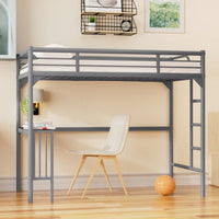 Loft Bed With Desk And Ladder, Silver Finish, Space-Saving Design With Guardrails And Under-Bed Book Desk