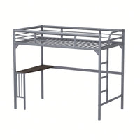 Loft Bed With Desk And Ladder, Silver Finish, Space-Saving Design With Guardrails And Under-Bed Book Desk