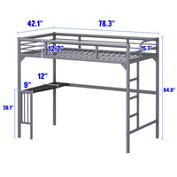 Loft Bed With Desk And Ladder, Silver Finish, Space-Saving Design With Guardrails And Under-Bed Book Desk