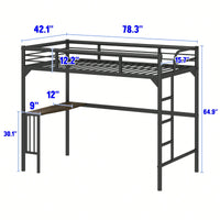 Loft Bed With Desk And Ladder, Silver Finish, Space-Saving Design With Guardrails And Under-Bed Book Desk