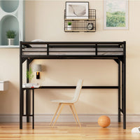 Loft Bed With Desk And Ladder, Silver Finish, Space-Saving Design With Guardrails And Under-Bed Book Desk