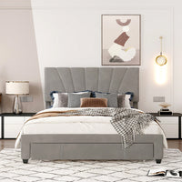 Queen Size Velvet Upholstered Platform Storage Bed with Large Drawer - Beige