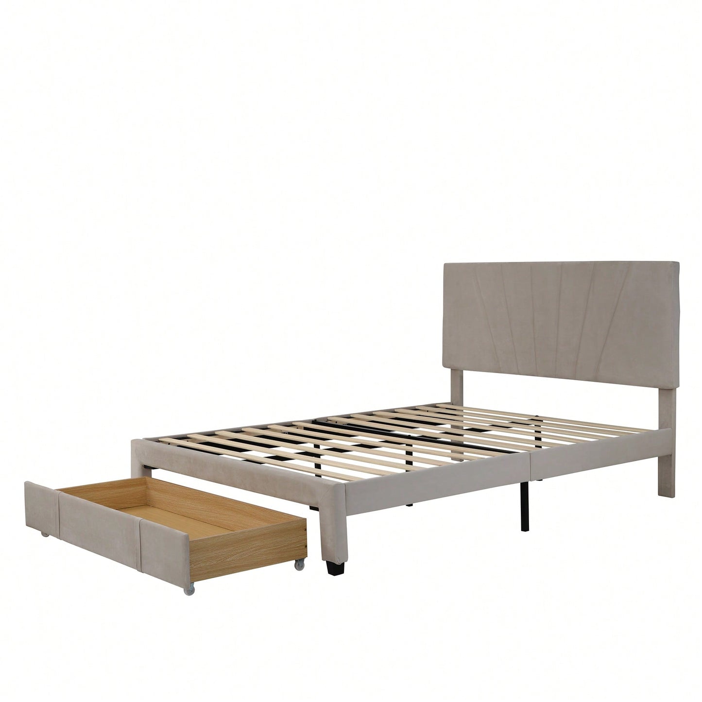 Queen Size Velvet Upholstered Platform Storage Bed with Large Drawer - Beige