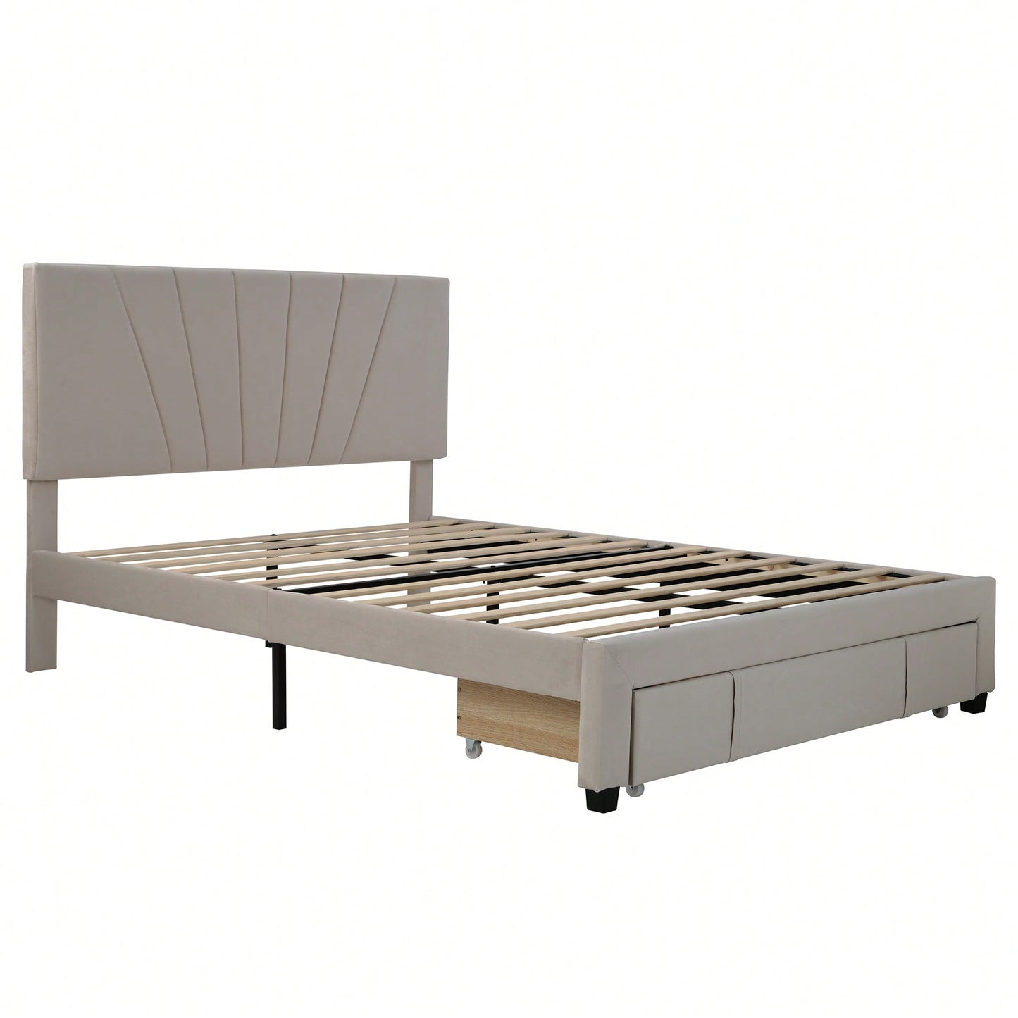 Queen Size Velvet Upholstered Platform Storage Bed with Large Drawer - Beige