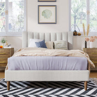 Upholstered Platform Bed Frame with Vertical Channel Tufted Headboard, No Box Spring Needed, Full Size, Cream Color