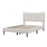 Upholstered Platform Bed Frame with Vertical Channel Tufted Headboard, No Box Spring Needed, Full Size, Cream Color