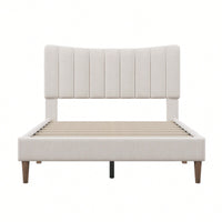 Upholstered Platform Bed Frame with Vertical Channel Tufted Headboard, No Box Spring Needed, Full Size, Cream Color