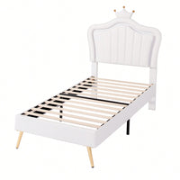 Modern Twin Size Upholstered Bed Frame With LED Lights And Crown Headboard In White And Pink