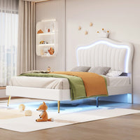 Modern Twin Size Upholstered Bed Frame With LED Lights And Crown Headboard In White And Pink