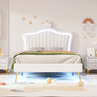 Modern Twin Size Upholstered Bed Frame With LED Lights And Crown Headboard In White And Pink