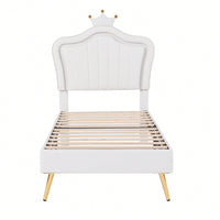 Modern Twin Size Upholstered Bed Frame With LED Lights And Crown Headboard In White And Pink