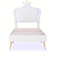 Modern Twin Size Upholstered Bed Frame With LED Lights And Crown Headboard In White And Pink