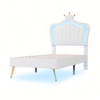 Modern Twin Size Upholstered Bed Frame With LED Lights And Crown Headboard In White And Pink