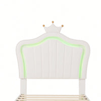 Modern Twin Size Upholstered Bed Frame With LED Lights And Crown Headboard In White And Pink