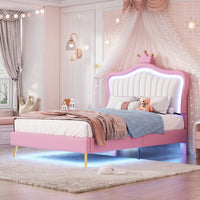 Modern Twin Size Upholstered Bed Frame With LED Lights And Crown Headboard In White And Pink
