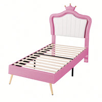 Modern Twin Size Upholstered Bed Frame With LED Lights And Crown Headboard In White And Pink