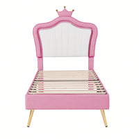 Modern Twin Size Upholstered Bed Frame With LED Lights And Crown Headboard In White And Pink