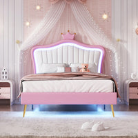 Modern Twin Size Upholstered Bed Frame With LED Lights And Crown Headboard In White And Pink
