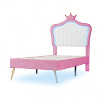 Modern Twin Size Upholstered Bed Frame With LED Lights And Crown Headboard In White And Pink