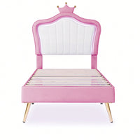 Modern Twin Size Upholstered Bed Frame With LED Lights And Crown Headboard In White And Pink