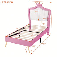 Modern Twin Size Upholstered Bed Frame With LED Lights And Crown Headboard In White And Pink