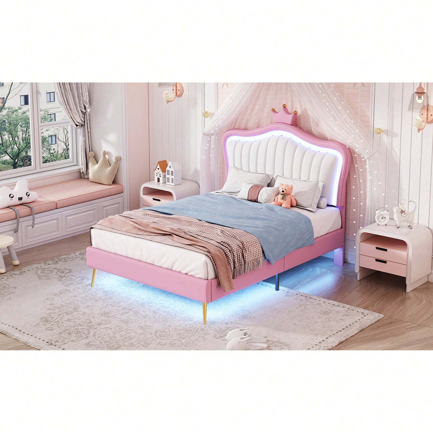Modern Twin Size Upholstered Bed Frame With LED Lights And Crown Headboard In White And Pink